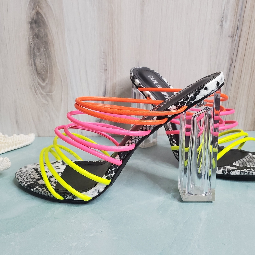 NEW Cape Robbin Neon Strappy Clear Mule Heels - Picture 5 of 10